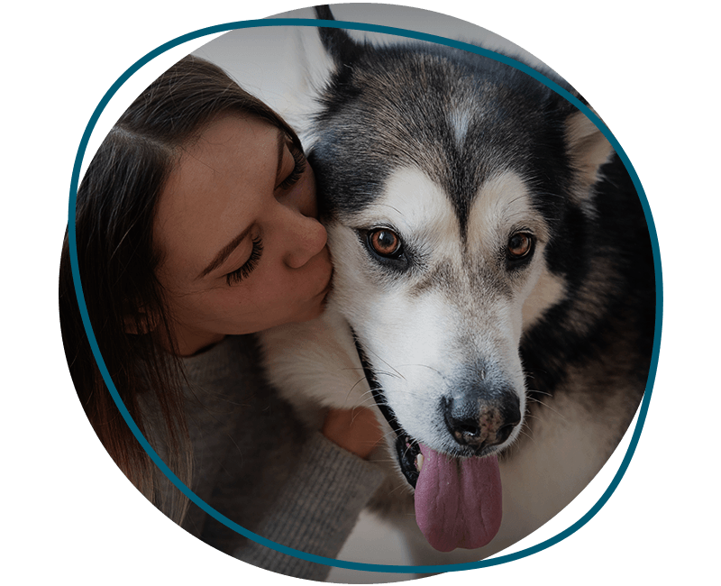 woman kissing alaskan malamute dog